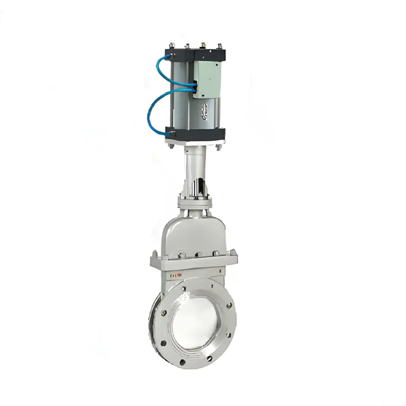 Pneumatic Operated Knife Gate Valve features a pneumatic actuator structure for efficient valve operation.